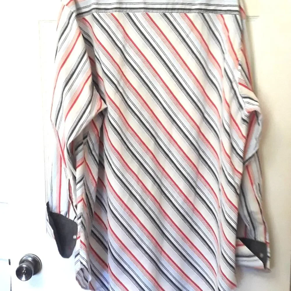 Mens Sz 3X Stripe Button Up Gray Contrast Cuffs Raw Blue Shirt